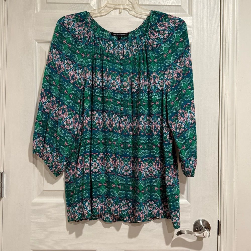 EUC- AVA CHRISTINE WOMEMS 3/4 Sleeve Top PLUS SIZE 1X Green Floral